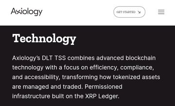 Axiology's website section highlighting their Technology page, which describes their DLT TSS platform that combines advanced blockchain technology with compliance features for tokenized asset management, built on the XRP Ledger—contextualizing Ripple's recent CASP regulatory win and EU integration through Project Pontes.