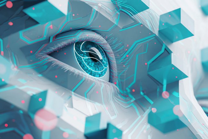 A digital art rendering of a robotic eye with blue iris, surrounded by geometric cube structures and circuit-like patterns in cyan and pink tones.