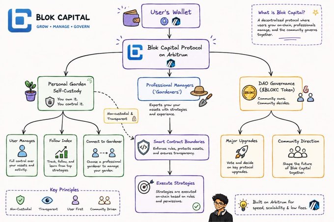 This image is an infographic explaining Blok Capital, a decentralized protocol built on Arbitrum where users grow, manage, and govern their assets. It illustrates three main pathways—Personal Garden (non-custodial self-management), Professional Managers ("Gardeners"), and DAO Governance via the $BLOKC token—highlighting key principles like non-custodial control, transparency, and community-driven decision-making. 

The diagram directly supports the post's theme by showcasing Blok Capital's tokenomics and incentive design, where the $BLOKC token rewards users for positive behavior like community participation, proper asset management, and good-faith governance—aligning user actions with protocol success through behavioral economics rather than purely speculative rewards.