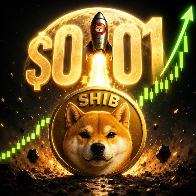 A Shiba Inu coin labeled "SHIB" launches toward a glowing "$0.01" price target with an upward green candlestick chart, visually capturing the post's dream of Shiba Inu hitting one cent and breaking the internet.