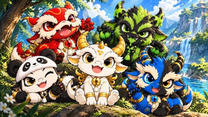 A colorful digital illustration of five cute chibi-style mythical creatures (resembling pandas, dragons, and a white beast) with jewels, posed together in a fantasy landscape.