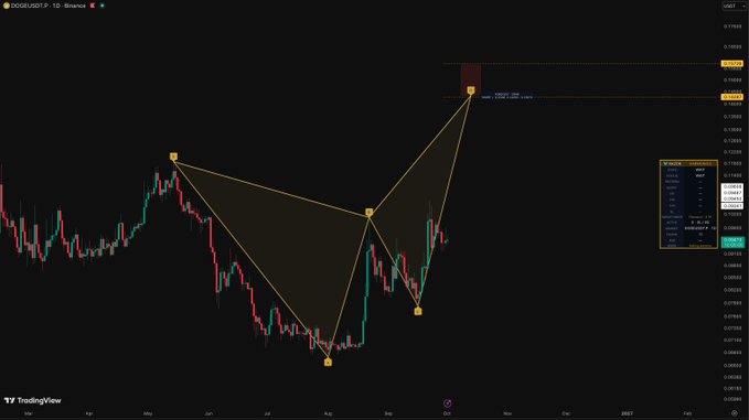 A TradingView chart of DOGE/USDT on Binance's 1-day timeframe displays a bearish harmonic pattern (appearing to be a Bat or Gartley formation) drawn over the candlesticks, with key price levels highlighted around 0.10 and 0.11, suggesting an upcoming potential reversal in the $DOGE pair.