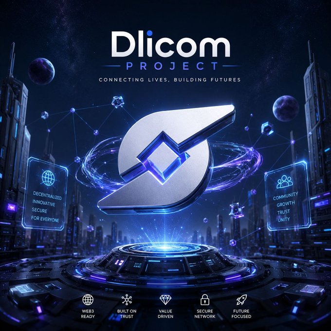 The image features a futuristic cityscape with buildings of various sizes, surrounded by stars and planets. The main focus of the image is a large silver square logo that reads "Dlicom Project" in blue letters. Below this logo, there are smaller images representing different aspects of the project, such as "Connecting lives", "Building futures", "Security", "Innovation", "Value", "Purity", and "Community". The image also includes a small spaceship icon, suggesting that the project is related to space exploration or intergalactic travel.