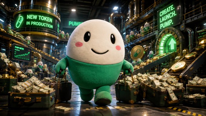 A plush mascot character representing the $Cupsey token stands triumphantly amid an industrial factory filled with cash-filled briefcases and glowing signs reading "NEW TOKEN IN PRODUCTION," "PUMP," and "CREATE. LAUNCH. PUMP."—symbolizing the volatile crypto wealth machine and the token's recent surge past 20 million market cap following celebrity shills.