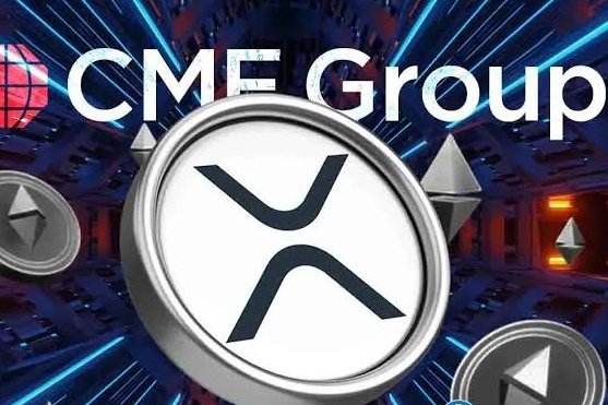 A cryptocurrency-themed graphic featuring the XRP logo in the center, surrounded by Ethereum-like coin symbols, with “CME Group” prominently displayed above.