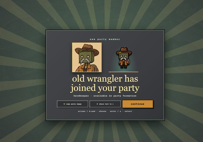 A video game notification screen reading 'old wrangler has joined your party' and 'handkeeper - available in party formation' alongside cartoon character portraits.