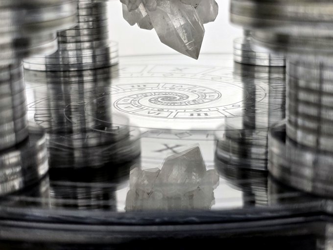 An artistic image featuring stacked silver coins surrounding clear quartz crystals arranged on a reflective surface with circular mystical symbols.