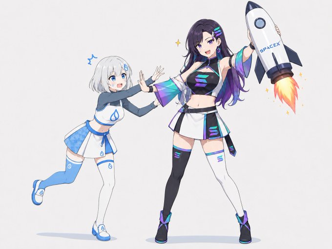 The image features two women dressed as characters from a video game or anime, one wearing a blue outfit and holding a small rocket toy, while the other wears a white outfit with black accents and has her hands raised in front of her face with a happy expression. The background appears to be a light gray color. The image is connected to a post that mentions how these women are trading for $SPCX. The caption also includes information about other ongoing projects in the gaming world, like Confidential Transfers and Gasless Transactions.