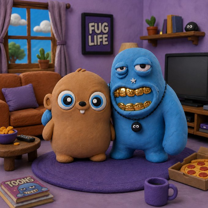 Two plush, claymation-style characters—a brown googly-eyed creature and a blue figure with gold grills—pose together in a cozy purple room, with a framed "FUG LIFE" sign, a "TOONS" magazine, and a pizza box surrounding them, visually promoting the Fugz NFT collection's giveaway of a mint whitelist spot to holders.