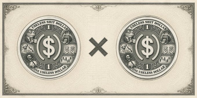 Illustration of two coins labeled 'USELESS SHIT DOLLAR - ONE USELESS DOLLAR' with dollar signs, separated by an X symbol, designed like ornate currency.