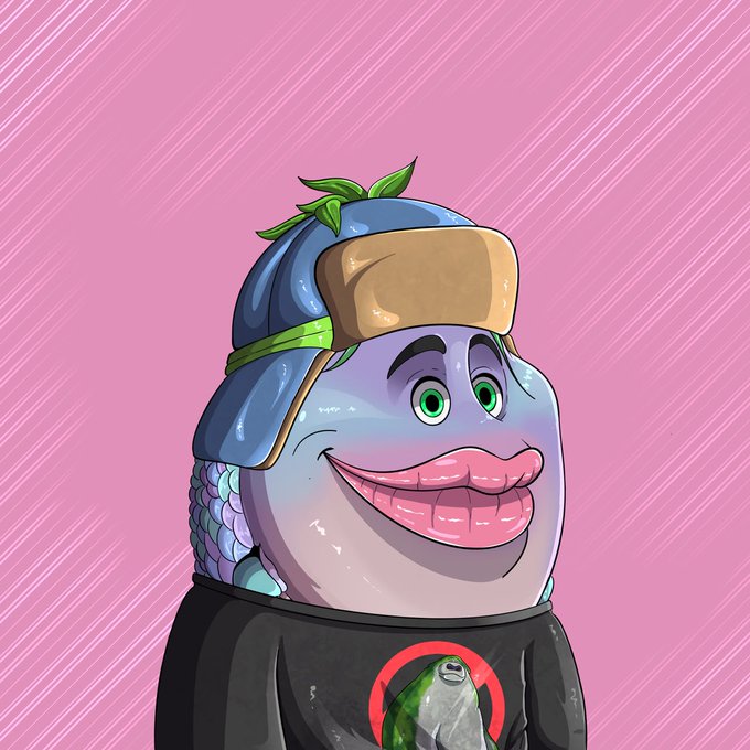 A cartoon illustration of a fish-like character with human-like lips, wearing a blue and yellow cap and a black t-shirt with a fish design, set against a pink background.