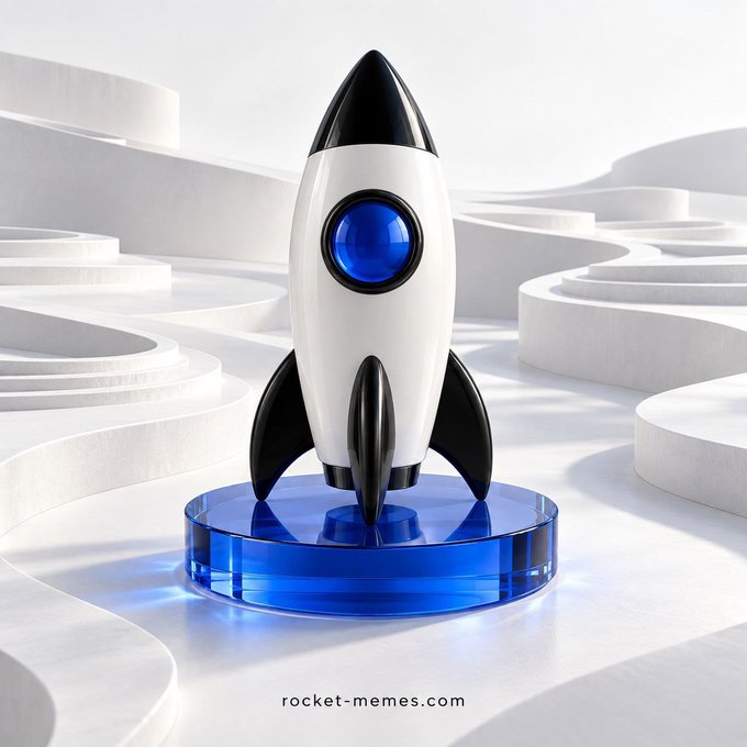 A 3D rendering of a small rocket ship with a black and white body, blue porthole, and black fins, sitting on a translucent blue circular base against a white sculptural background, with 'rocket-memes.com' at the bottom.