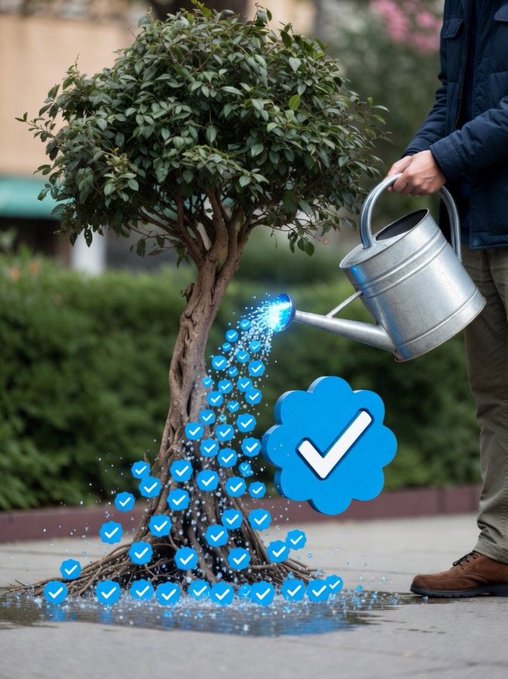 A composite image showing a person watering a tree with a metal watering can, with the water stream replaced by glowing blue checkmark icons and a large verification badge symbol.