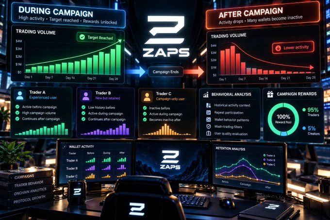 A dashboard-style infographic titled 'ZAPS' comparing campaign activity metrics, including trading volume charts during and after campaigns, trader behavior analysis, and reward distributions.