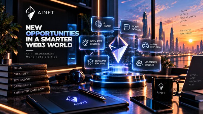 AINFT promotional graphic titled 'NEW OPPORTUNITIES IN A SMARTER WEB3 WORLD' highlighting AI and blockchain roles like AI Trainers, Prompt Engineers, and Community Builders in a futuristic city setting.