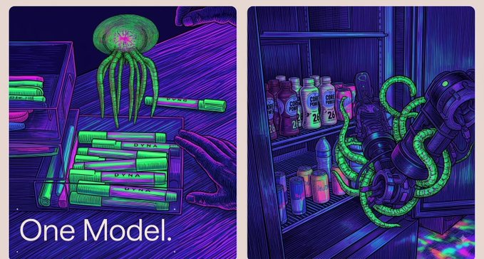 Two side-by-side AI-generated illustrations showing a futuristic purple and green scene: one labeled 'One Model' depicts a jellyfish-like creature on stacked 'DYNA' products, while the other shows tentacles wrapped around machinery and drinks on shelves.