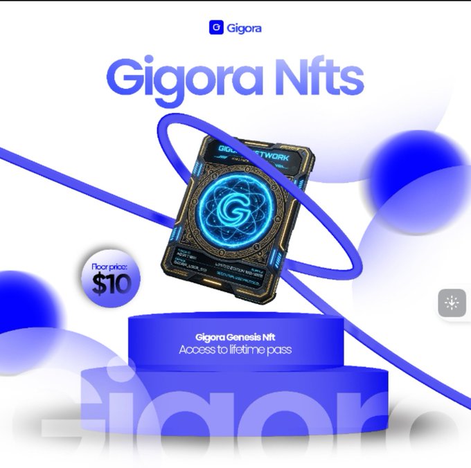 A promotional graphic for 'Gigora Nfts' showing a digital card on a purple pedestal, advertising a 'Gigora Genesis Nft' with 'Access to lifetime pass' starting at a 'floor price $10'.