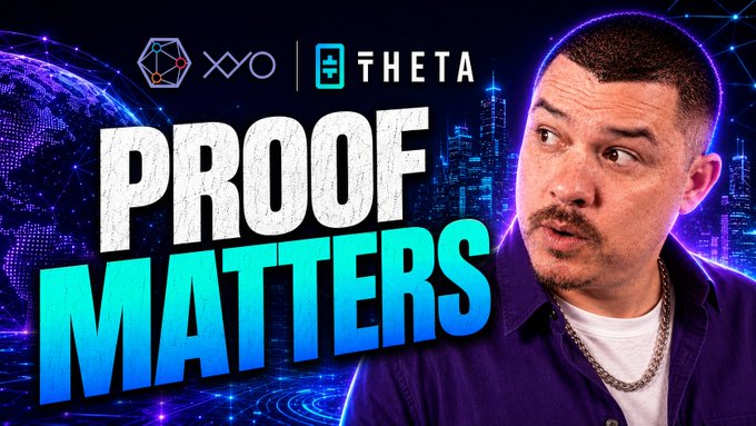 The image features a man wearing a purple shirt, with his head tilted back as if he's looking up or thinking about something. The background of the image is blue, which appears to be part of an advertisement for a company called xo.network/blog. The text on the image reads "proof matters", and it also mentions that there are two companies involved in this partnership: xo.network/blog and Theta.