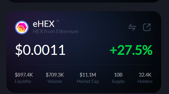 The image shows a cryptocurrency tracker for eHEX (HEX from Ethereum) displaying a price of $0.0011 with a +27.5% gain, $897.4K liquidity, $709.3K volume, $11.1M market cap, 10B supply, and 32.4K holders.

The caption contrasts sharply with the post's message, since showing this coin's metrics directly contradicts the claim that viewers should "ignore it" and stop paying attention to it.
