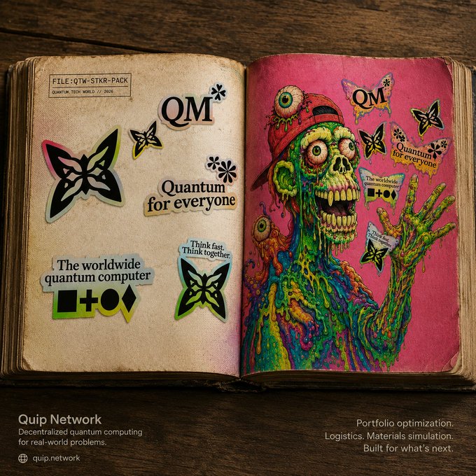The image shows an open book with a colorful illustration of a green zombie wearing a red hat and surrounded by various stickers, including one that says "QM" and another that says "Quantum for everyone". The book appears to be about quantum computing or related topics. The text in the image suggests that this is a post promoting the idea of using quantum computers for portfolio optimization, logistics, materials simulation, and other real-world problems where classical computers struggle.
The post also mentions that the content is "portfolio optimisation", which could imply that it's about applying portfolio optimization techniques to real-life situations or projects involving quantum computing. The image seems to be a creative representation of the concept being discussed in the post, using visual elements like stickers and illustrations to convey its message.