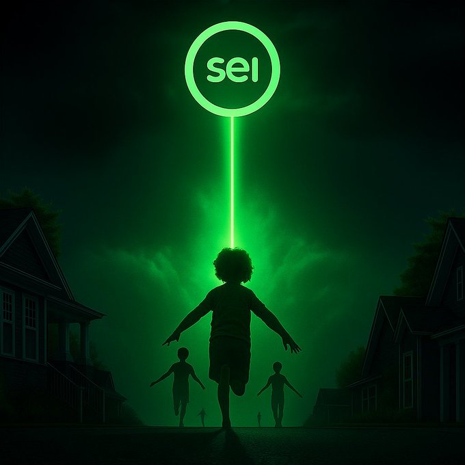 A silhouette of a child reaches toward a glowing green "sei" logo beaming down from the night sky, flanked by other figures running in the dark neighborhood below, symbolizing the poster's bullish conviction and enthusiasm for SEI.