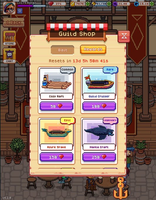 The image shows a screenshot of a GUILD SHOP page within a mobile app, likely designed for fishing or boating games. There are four boat options displayed on the screen with respective details such as their size, color, and power level. The GUILD WARFE FOOTBALL feed appears to be updated in 13 hours at a reward rate of 2 gold coins per hour. Users can interact by pressing buttons located below each boat option. The post suggests that users should share the game feedback for it to succeed or discuss further details if needed.