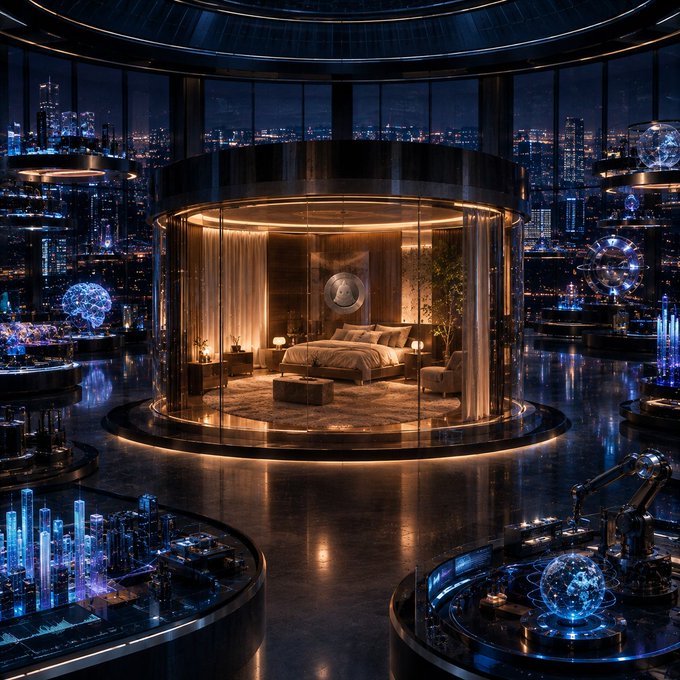 A luxurious, futuristic bedroom pod glows warmly within a high-tech circular chamber overlooking a sprawling nighttime cityscape, surrounded by holographic data displays and robotic arms—visually contrasting advanced AI automation with the intimate, human need for rest, echoing the post's reflection on technology knowing what not to ask of us.