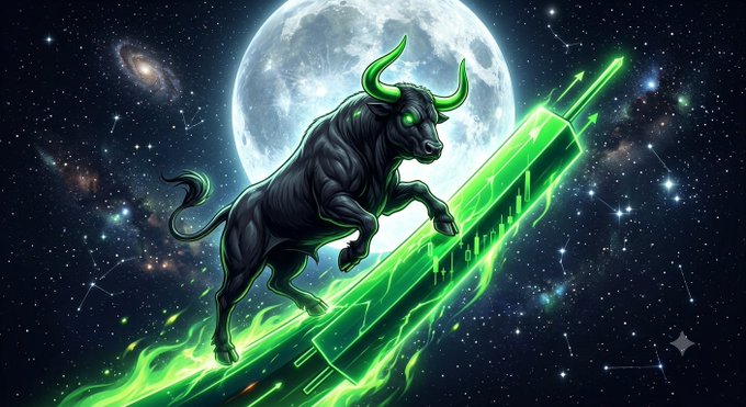A digital artwork depicts a powerful black bull with glowing green eyes and horns charging upward along a green rising candlestick chart against a starry cosmic background with a full moon.