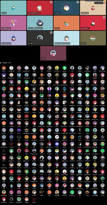 A large video conference call screen titled "Inner Igloo Meeting" displaying numerous penguin avatars in a gallery view with speaker tiles at the top.