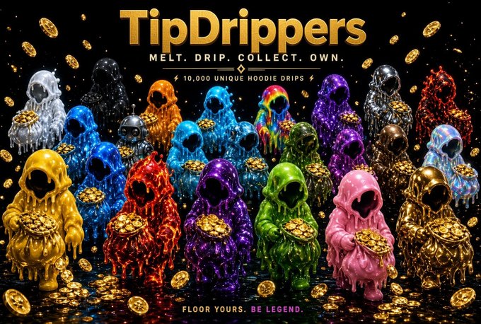 Promotional artwork for "TipDrippers" features a group of 10,000 unique hooded figurines in various colorful, dripping metallic textures, each holding a tray of gold coins with the tagline "MELT. DRIP. COLLECT. OWN. FLOOR YOURS. BE LEGEND."