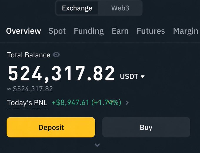 A cryptocurrency exchange account overview showing a total balance of 524,317.82 USDT with today's PNL of +$8,947.61 (+1.74%), humorously implying the account holder is well-qualified to answer which altcoin to buy with $5,000 USDT.