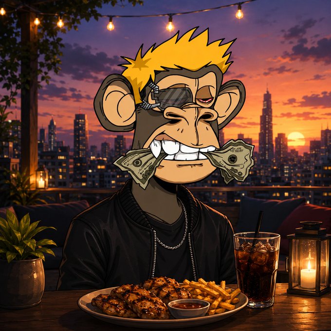 A stylized cartoon illustration depicts a monkey wearing sunglasses and a black jacket, biting into dollar bills while sitting at a rooftop table with food and a drink against a sunset city skyline.