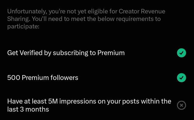 A dark-themed status screen stating 'Unfortunately, you're not yet eligible for Creator Revenue Sharing,' listing requirements with green checkmarks for Premium subscription and 500 Premium followers, and an X for needing at least 5M impressions in the last 3 months.