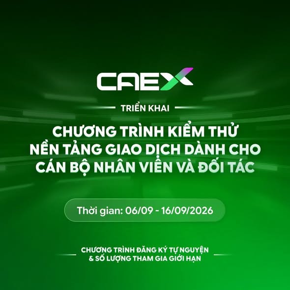 A green promotional graphic for 'CAEX' announcing a beta testing program for their trading platform for employees and partners, running from 9/6 to 9/16/2026, with limited volunteer spots available.