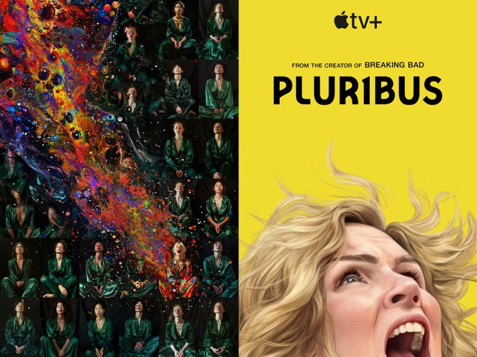 A promotional poster for the Apple TV+ show 'PLURIBUS,' created by Vince Gilligan ('From the Creator of Breaking Bad'), showing a blonde woman screaming against a yellow background next to a dark, colorful panel of figures in green robes.