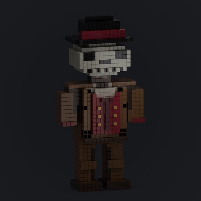 A 3D voxel-style character with a skull head wearing a black top hat with a red band, dressed in a brown coat and a red vest, rendered against a dark background.