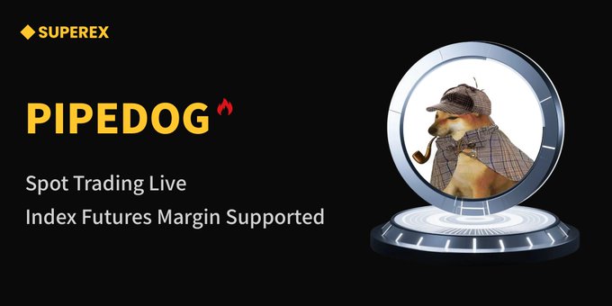 A promotional banner for "SUPEREX" featuring "PIPEDOG" with a fire emoji, "Spot Trading Live", "Index Futures Margin Supported", alongside an image of a dog dressed as Sherlock Holmes inside a circular portal.
