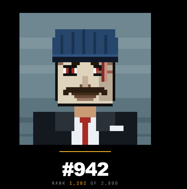 A pixel art avatar of a man with a blue helmet, mustache, and red tie, labeled '#942' with 'RANK 1,202 OF 2,800'.