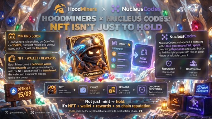 A promotional graphic announces the "HoodMiners x NucleusCodes" collaboration launching on OpenSea on 15/09, highlighting a free mint of 1,031 guaranteed WL spots alongside features like "NFT + Wallet + Rewards" and on-chain reputation tracking. The image illustrates the concept that each NFT comes with its own dedicated wallet that transfers with the NFT, rather than treating the NFT as a simple collectible—aligning with the post's message that HoodMiners sells "a machine with its own wallet" rather than just a JPEG.