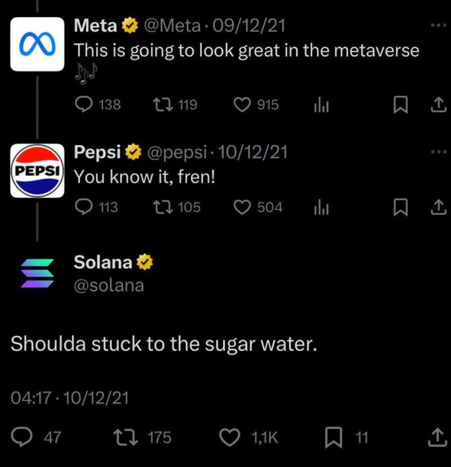The image shows a Twitter post with two tweets from different companies. The first tweet is about Pepsi and the second one is about Solana, an altcoin company. The text of both tweets includes mentions of the hashtag #metatweet and @metatweet.