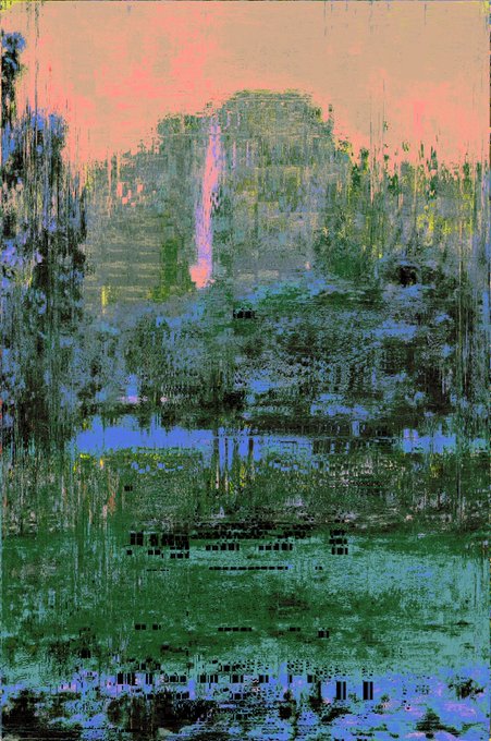 An impressionist-style painting featuring a vibrant, heavily textured landscape with thick brushstrokes of green, blue, and pink, depicting a glowing pink sunset or moon over a pond.