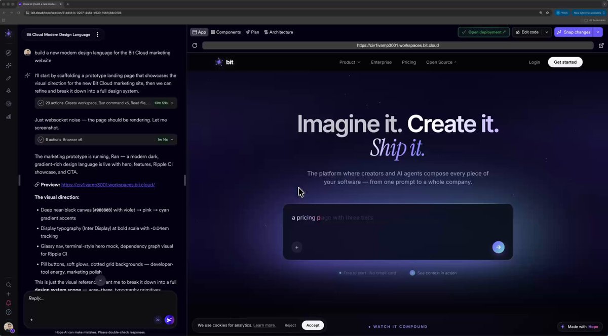 The image shows a screenshot of an old website with dark purple text that says "Imagine it. Create it. Ship it." It appears to be from before the launch of Bit Cloud, which is used by a new marketing site called "The Platform". The context of the post indicates that a post has been made in the Bit Cloud community, updating and improving their marketing strategy with the help of an AI named Hope. The old website seems outdated, suggesting changes have already taken place or are currently being implemented for a more effective marketing approach on the new platform.