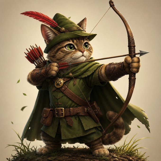 A whimsical illustration of a tabby cat dressed as a Robin Hood-style archer, wearing a green feathered hat and cape, drawing a bow and arrow with a quiver of red arrows.