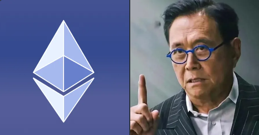 A split image showing the Ethereum (ETH) logo on a blue background on the left, and a man with glasses gesturing with his finger on the right.