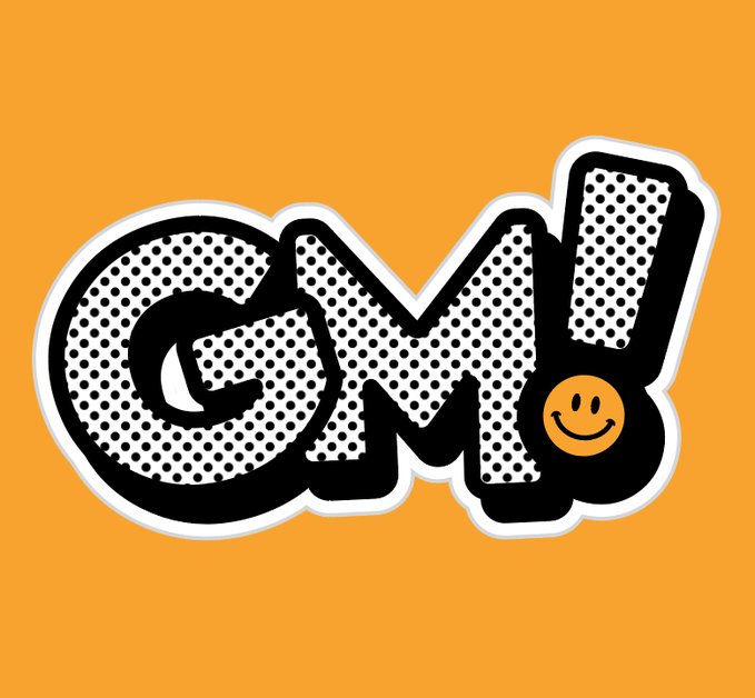 A stylized black, white, and orange graphic features the letters 'OM!' with a halftone dot pattern and a yellow smiley face dotting the exclamation mark.