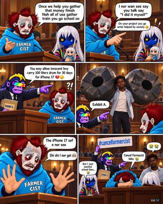 A courtroom meme featuring the "Farmercist" character alongside other figures, with dialogue referencing an iPhone 17, school fees, and a "Farcicist" trial, captioned "Exhibit A." The image humorously depicts a Twitter drama saga where the character begins by offering to help gather school fees and ends up being put on trial by other community members.