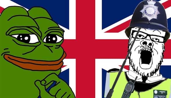 A Pepe the Frog meme is juxtaposed with an angry British police officer wearing a custodian helmet, set against a Union Jack flag background.