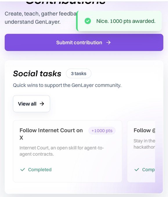 A GenLayer contributor portal screen displays a green success notification reading "Nice. 1000 pts awarded." above a "Submit contribution" button, with a "Social tasks" section showing 3 tasks available, including the completed "Follow Internet Court on X" task worth +1000 points, aligning with the post's tutorial on claiming 2000 points for the new Internet Court community task.
