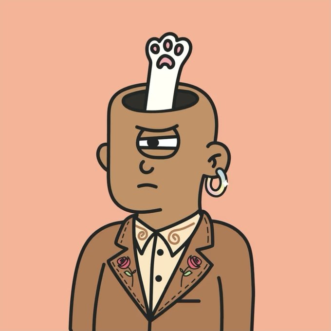 A cartoon illustration of a bald character with an empty hole in their head, from which a small white paw emerges; the character wears a brown suit with floral embroidery and an earring.