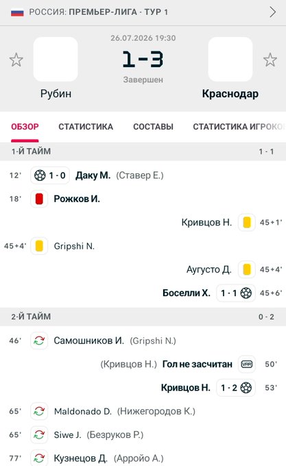 A Russian Premier League match summary screen showing the final score of Rubin 1-3 Krasnodar, dated 26.07.2024, with goal scorers and match events listed in Russian.